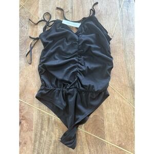 .  Sexy She + Sky Black Satin Ruched Halter Bodysuit Small NWT Adjustable Straps